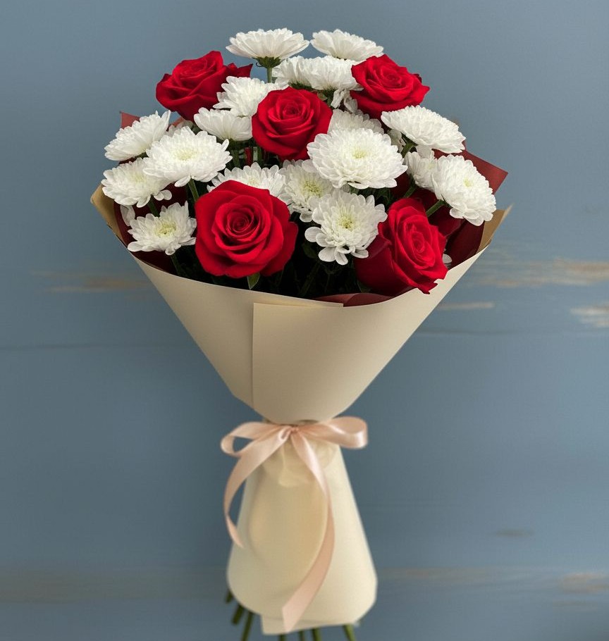 Букет романтическая гармония в Сухиничах Букет цветов из: Розы и Хризантемы в Сухиничах