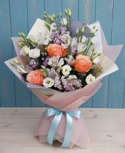 Букет Утренняя свежесть в Сухиничах Букет цветов из:  Лизиантусы, Розы, Альстромерии и Гипсофила в Сухиничах