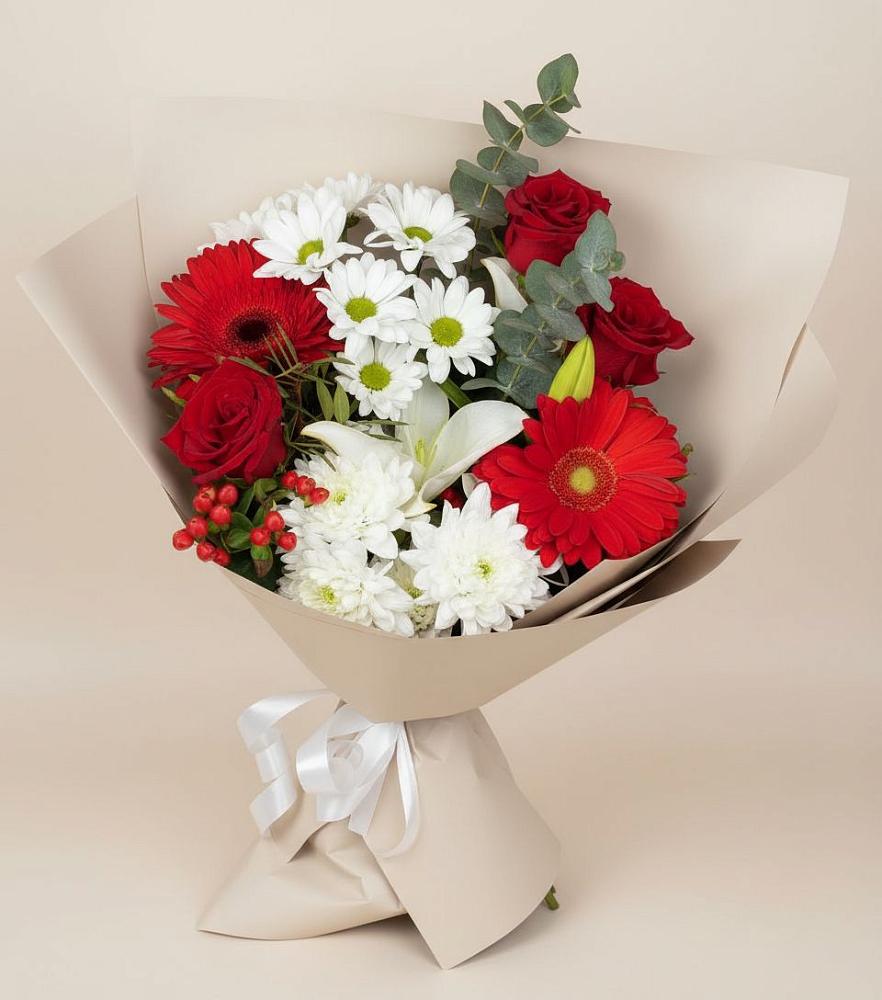 Букет поцелуй лета в Сухиничах Букет цветов из: Розы, Хризантемы, Герберы и Лилии в Сухиничах