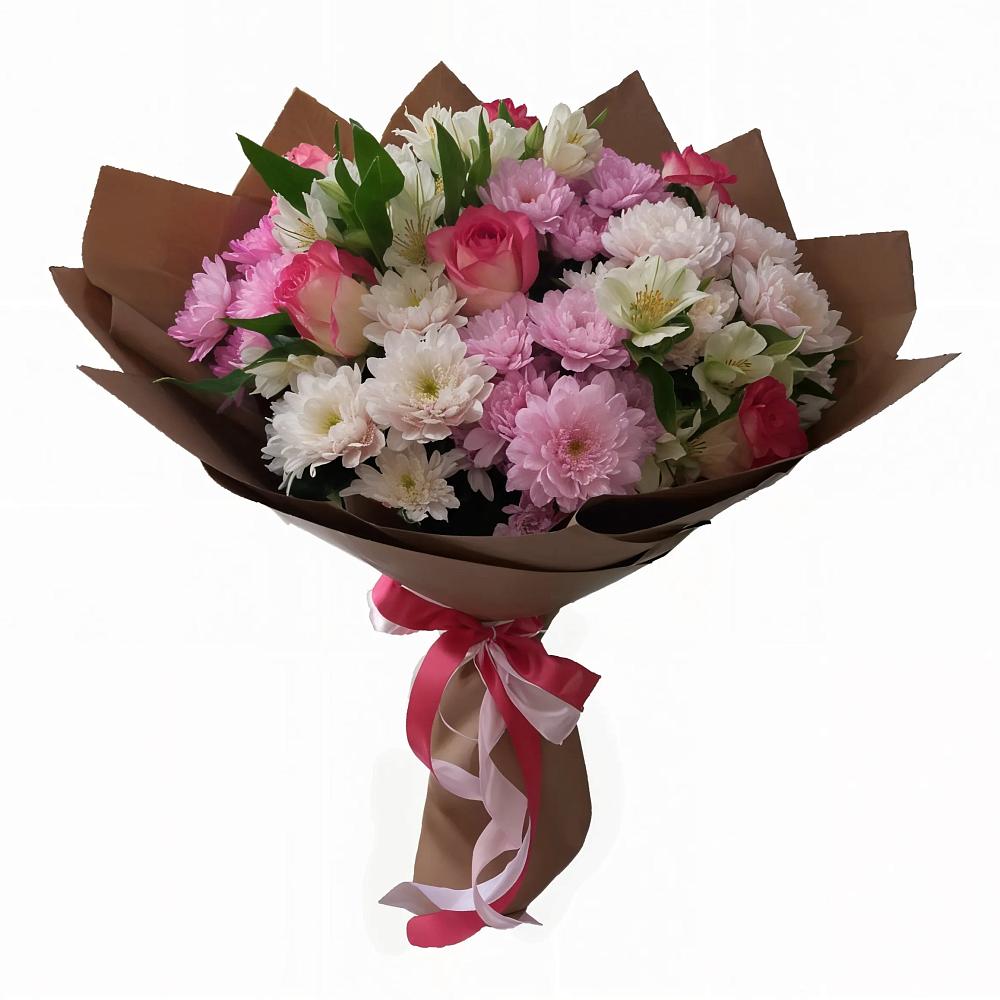 Букет Розовое очарование в Сухиничах Букет цветов из: Хризантемы, Альстромерии и Розы в Сухиничах